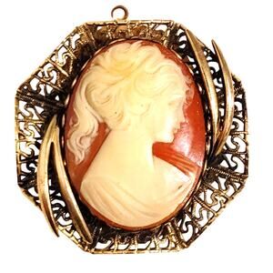 Gold-Tone Necklace Charm Carved Oval Resin Victorian Lady Portrait Cameo Pendant